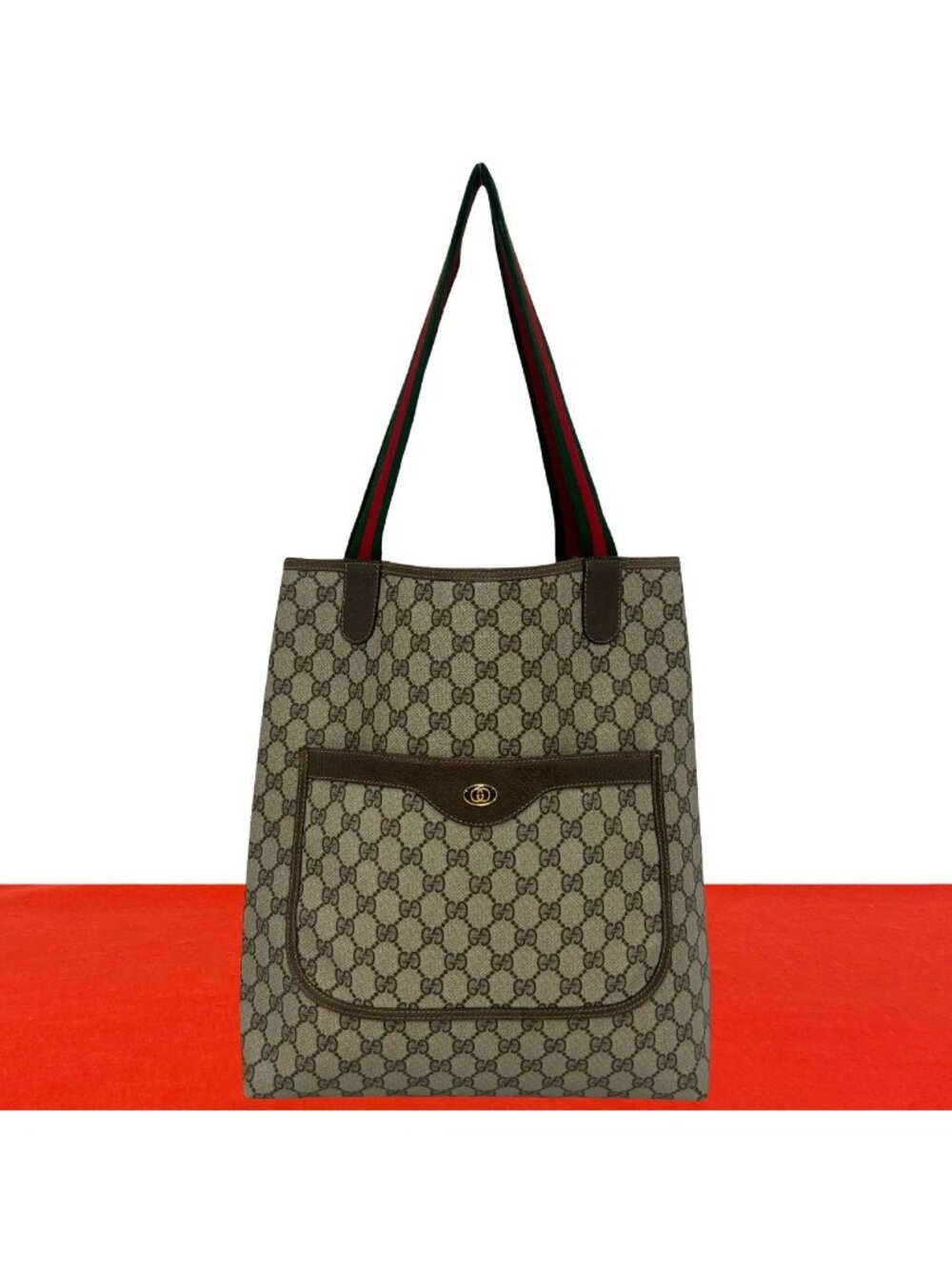 Gucci Vintage Sherry Line GG Logo Leather Tote Bag Brown